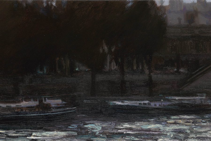 Paul Chizik - Dusk Along the Seine. Oil on Linen 9 x 15 inches